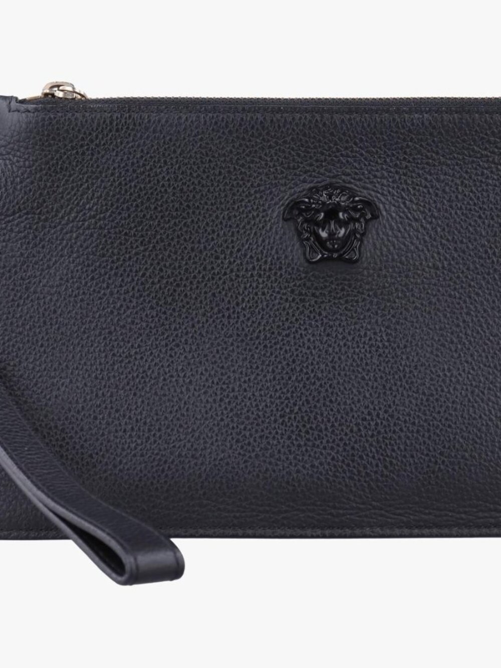 Beautiful pebbled leather wristlet by Versace featuring the iconic Medusa logo a